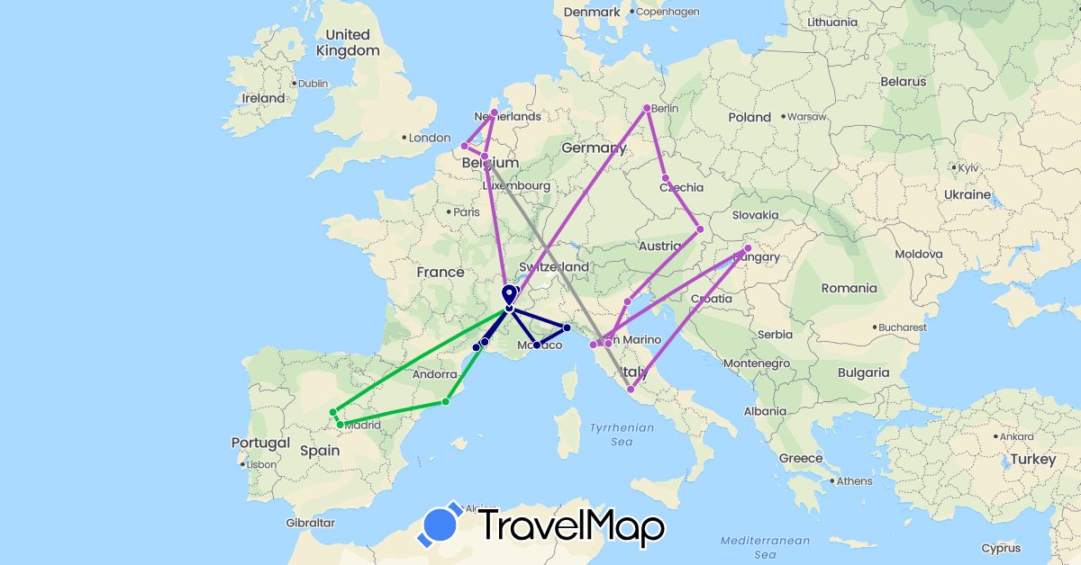 TravelMap itinerary: driving, bus, plane, train in Austria, Belgium, Czech Republic, Germany, Spain, France, Hungary, Italy, Netherlands (Europe)